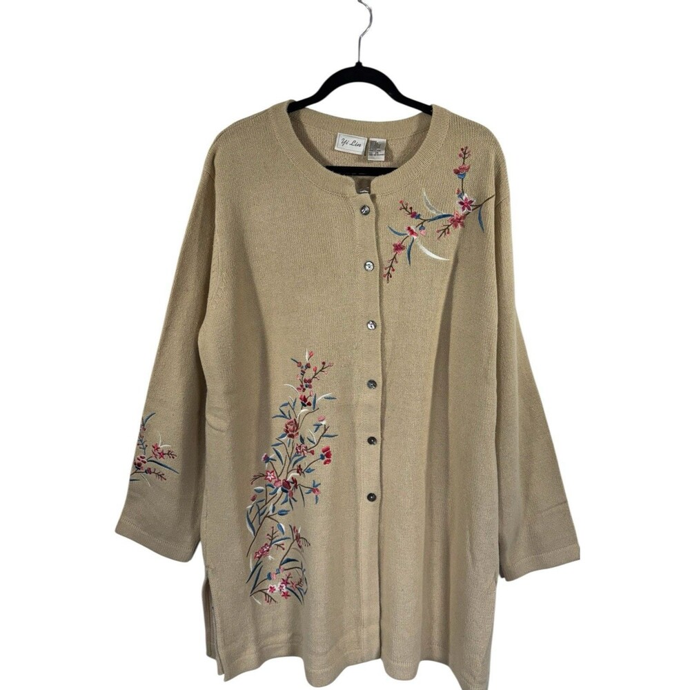 Vtg NWT Yi Lin Long Floral Embroidered Cardigan Sweater Tan‎ Silk Blend 2X